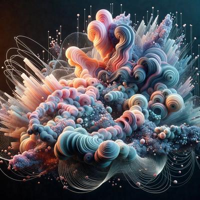 The primary subject of the image is a 3D digital artwork featuring a colorful, swirling, and abstract design. The setting is a dark background, which contrasts with the vibrant colors of the artwork. The visual style is a combination of digital art and illustration, creating a unique and captivating piece. The colors and mood of the image are lively and energetic, with a focus on the swirling patterns and vibrant hues.